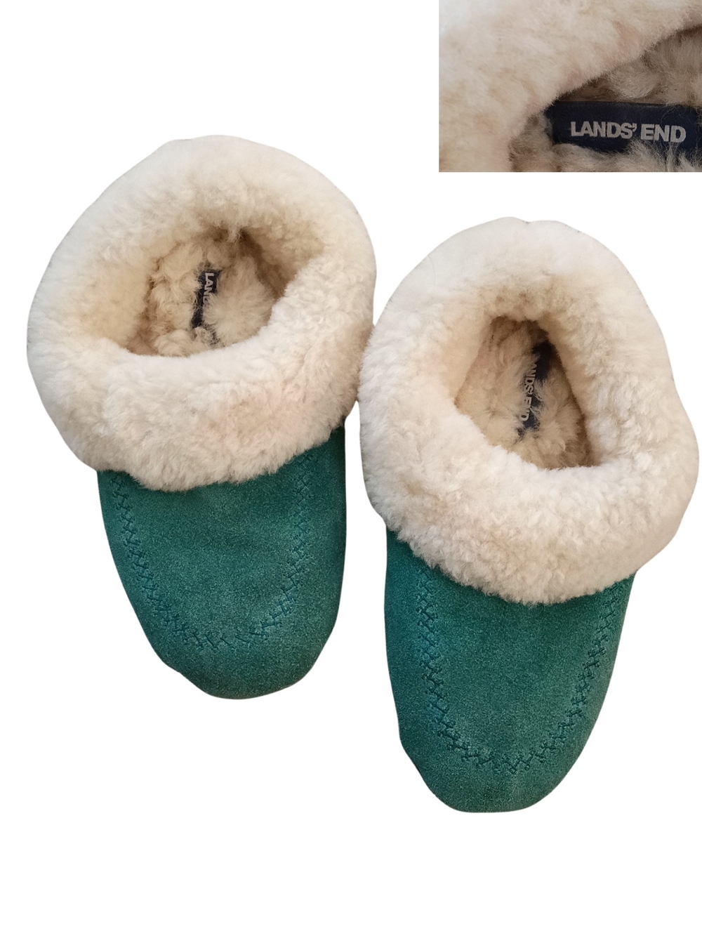 Luxury Thick Shearling Lands' End Green Suede Slippers with Cream Shearling Cuff
